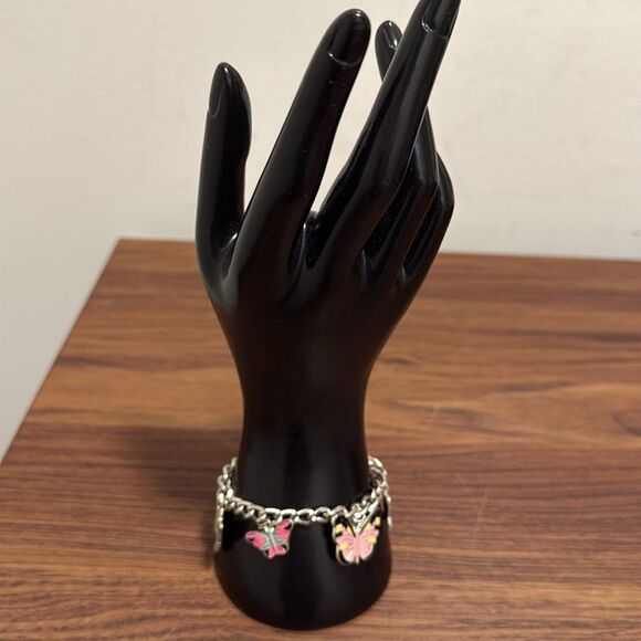 Silvertone Chain Link Bracelet / Anklet with Multi Colored Enamel Butterflies. - Picture 1 of 6
